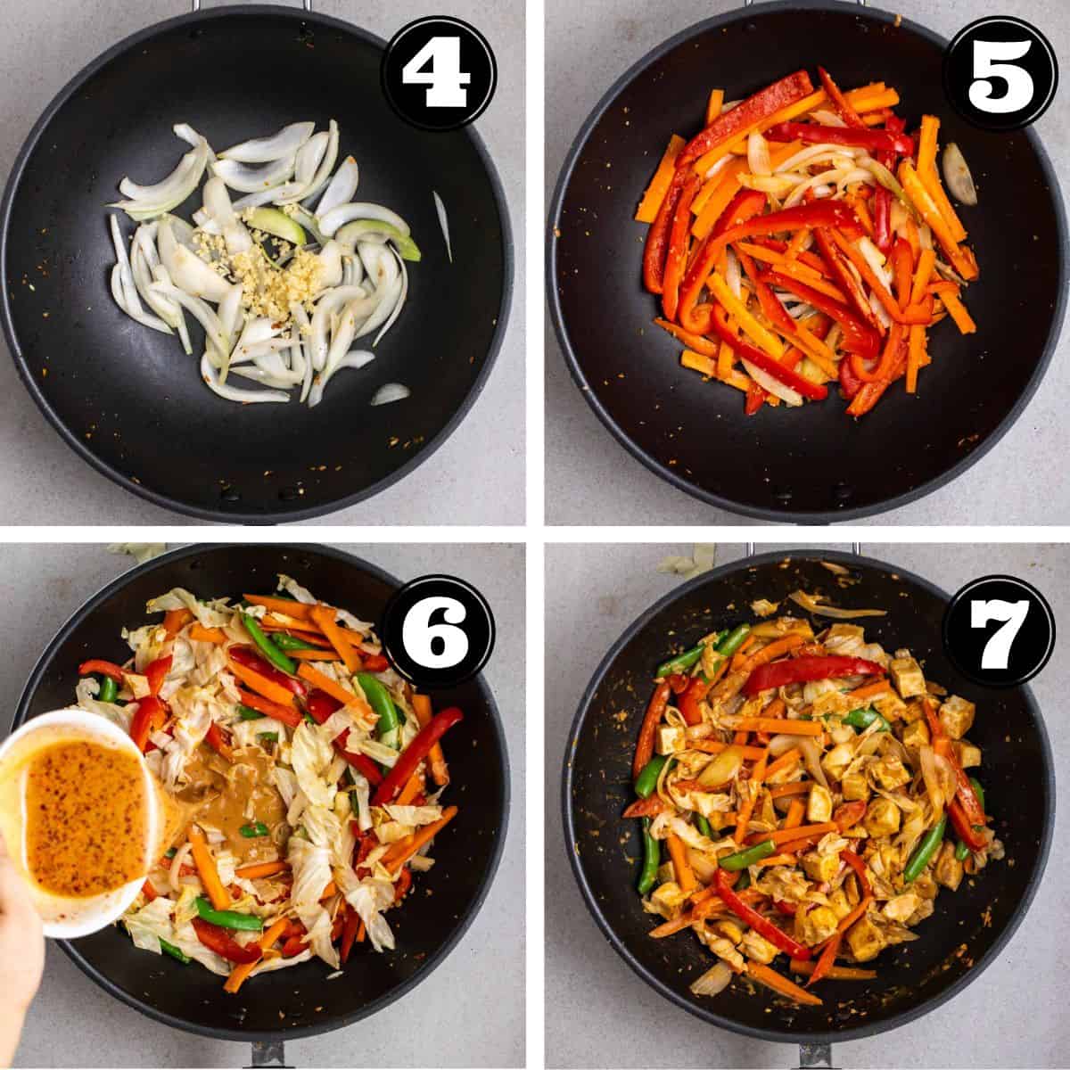Collage with process of cooking stir-fry from sauteing onion and garlic, cooking vegetables, and a wok of peanut tofu stir-fry.