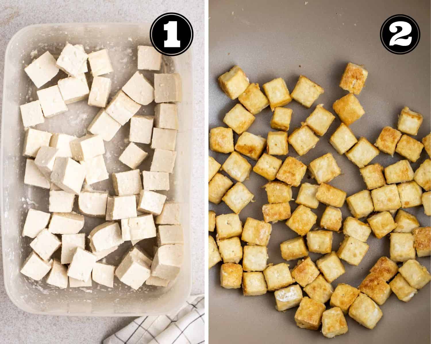 A collage of coated tofu in a container and pan-fried tofu in a wok.