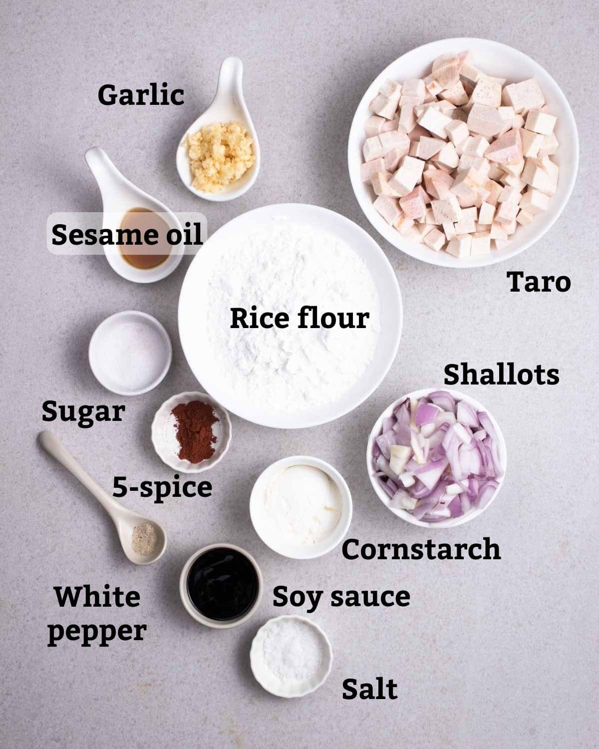 Ingredients needed like rice flour, taro, onion, cornstarch, garlic, sugar, and other ingredients.