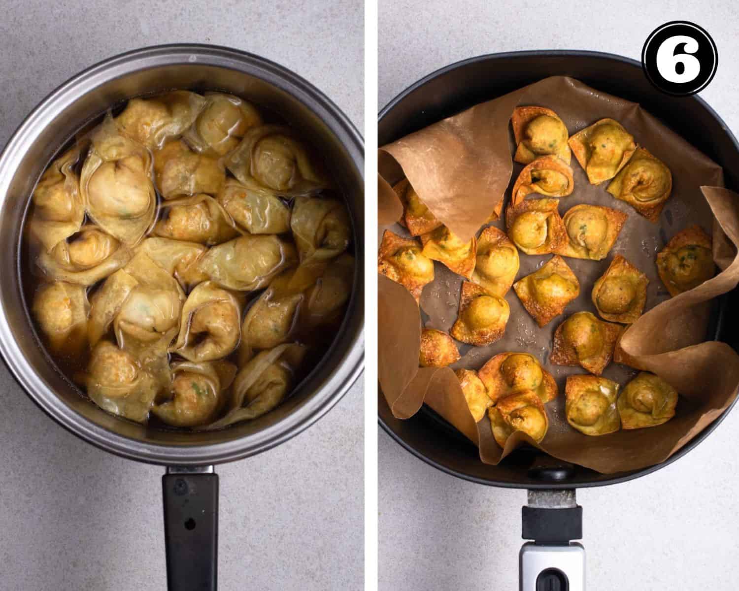 A collage of pictures showing boiled wontons on the left and air fried wontons on the right.