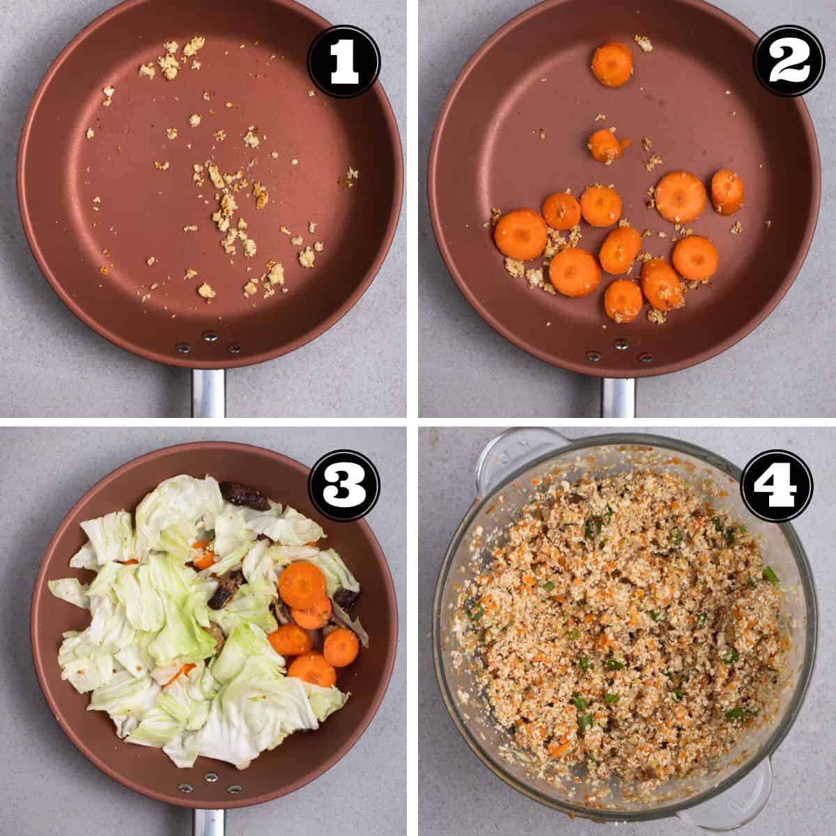 A collage of photos starting from cooked garlic, adding carrots, adding cabbage, and tofu filling in a food processor.