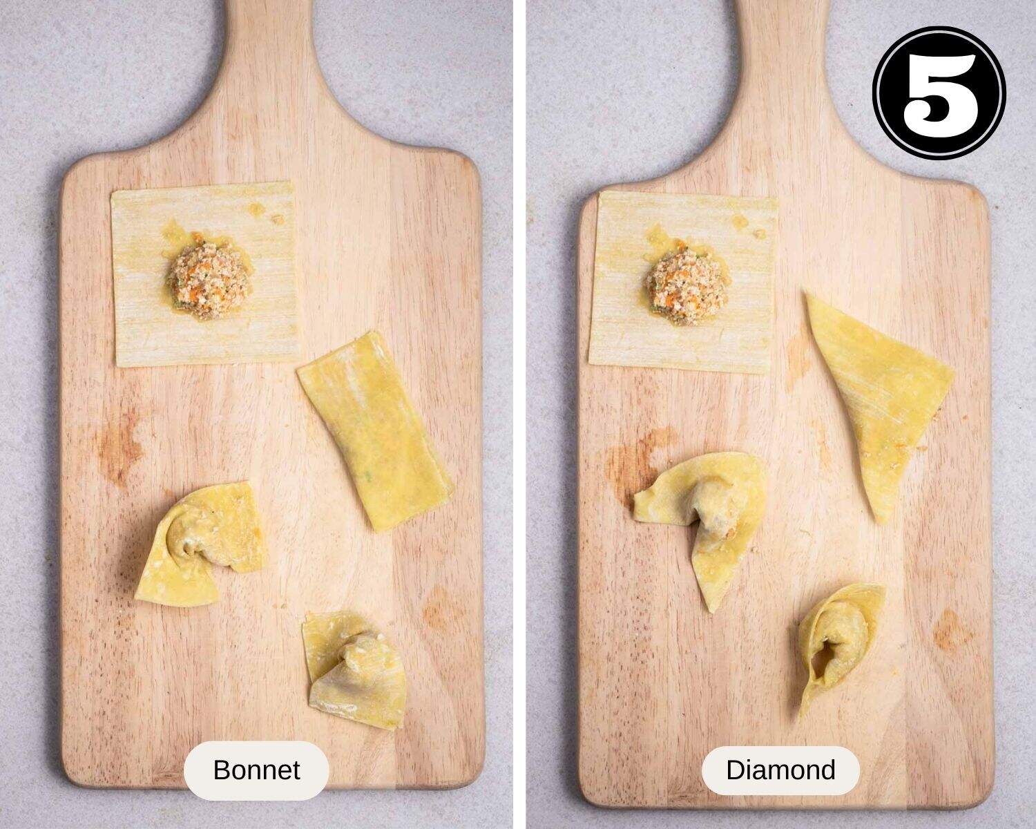 A collage of 2 picture showing the process of wrapping wonton wrappers on a wooden board.