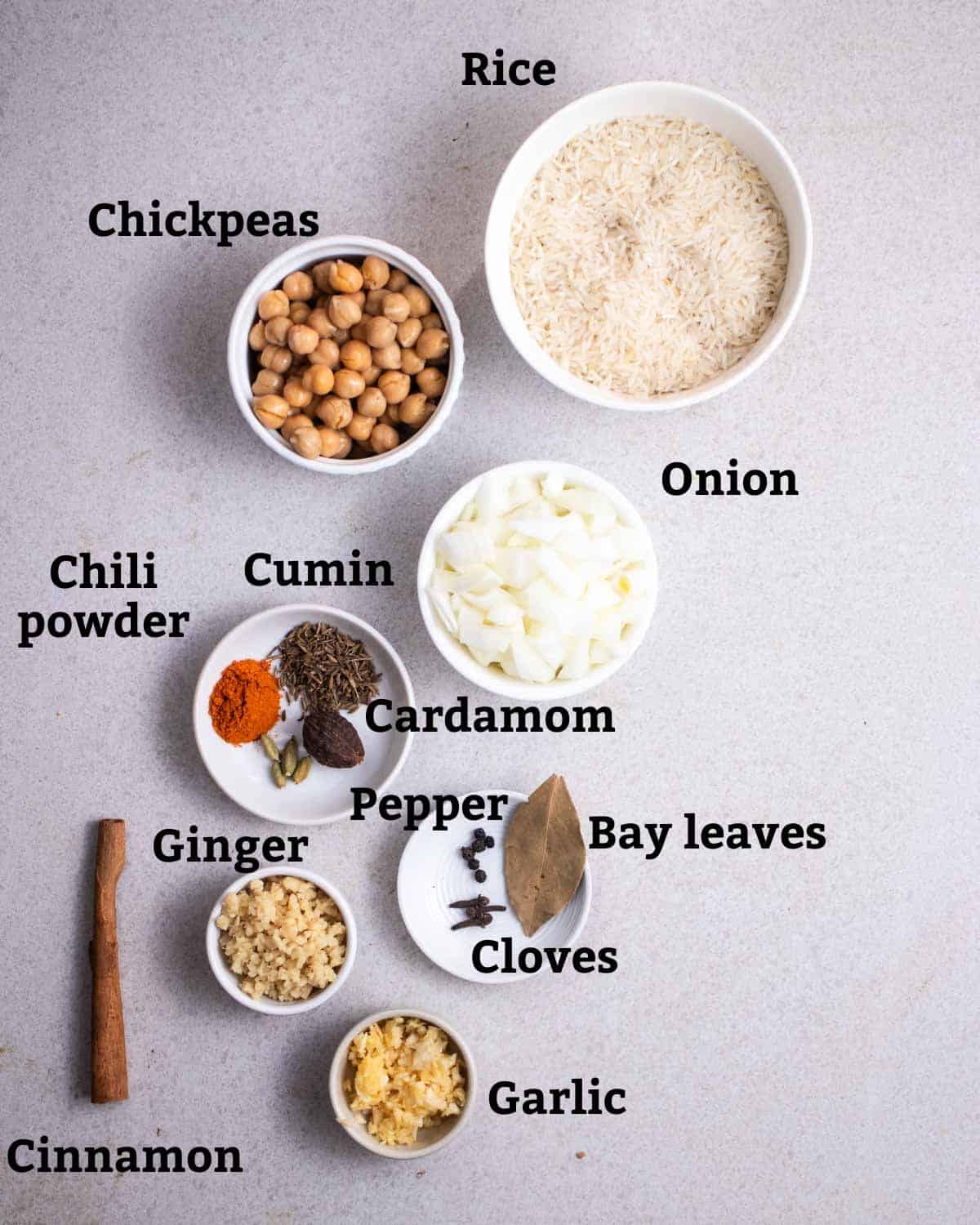Ingredients needed like rice, chickpeas, onion, ginger, garlic, and various spices.